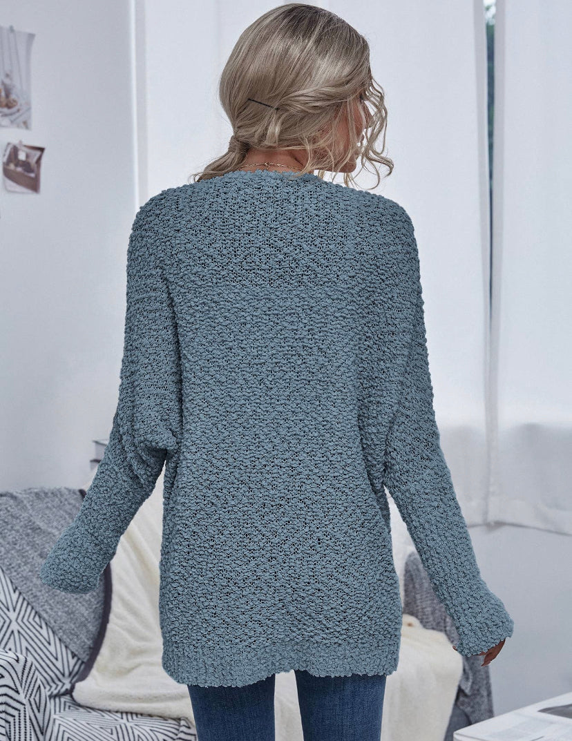 Blue Chunky Knit Open Cardigan
