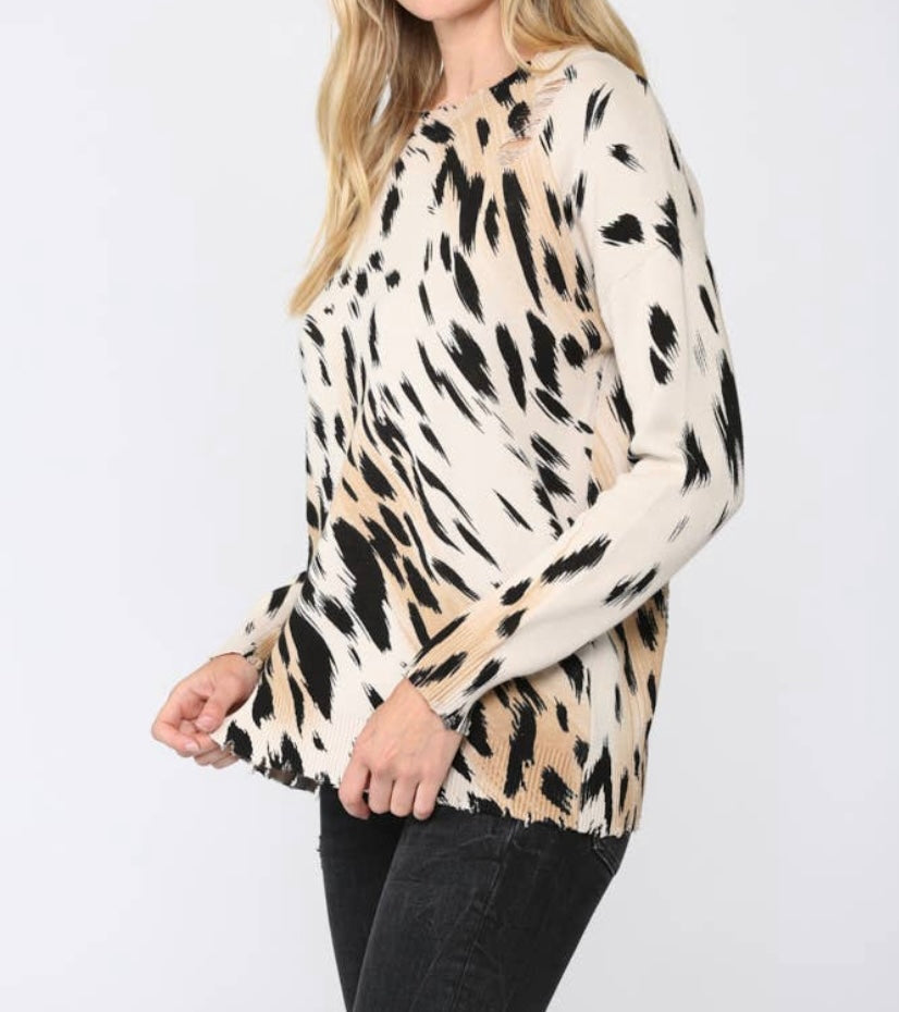 Animal Print Distressed Sweater