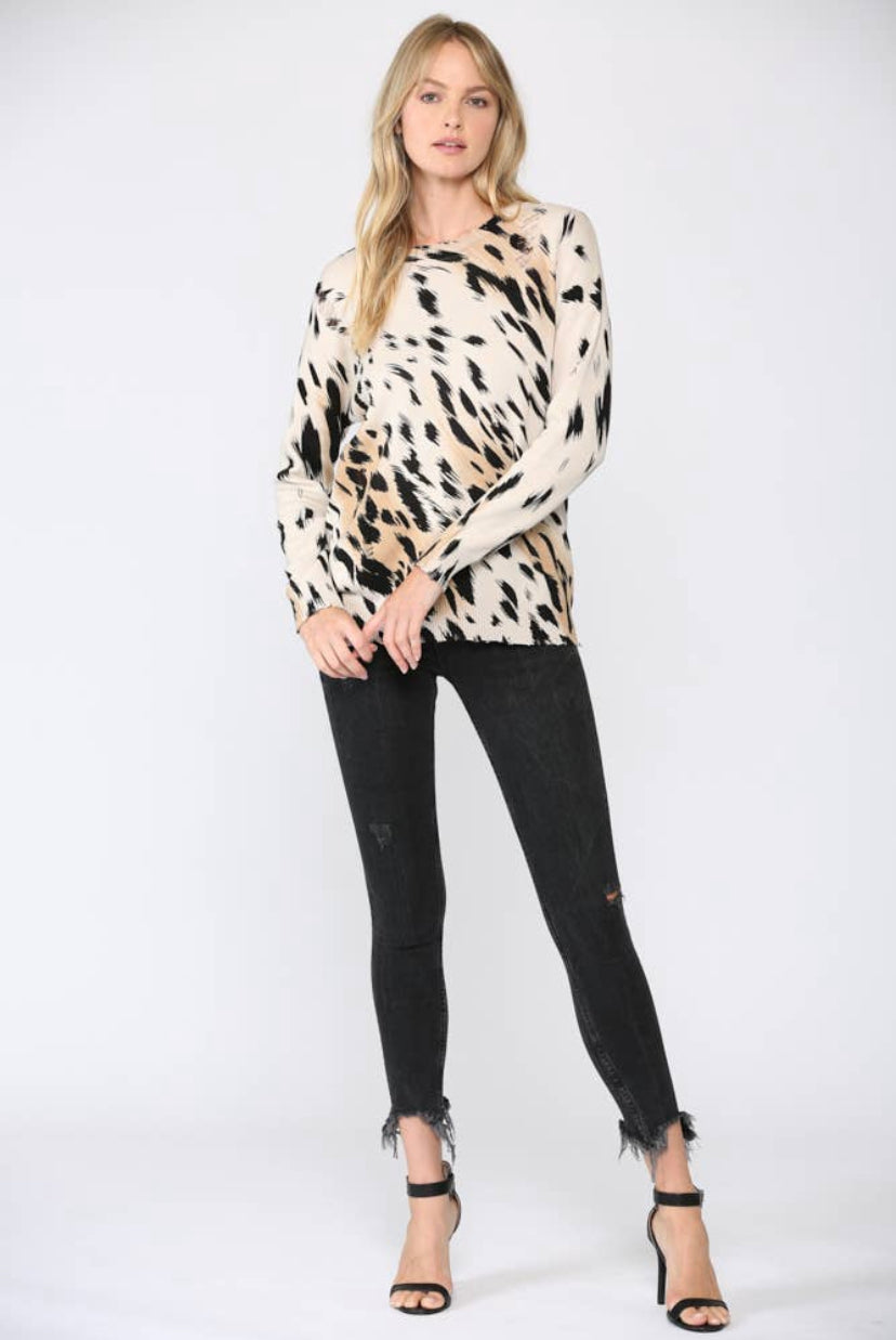 Animal Print Distressed Sweater