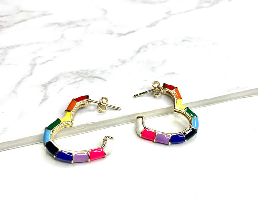 Rainbow Enamel Heart Hoop Earrings