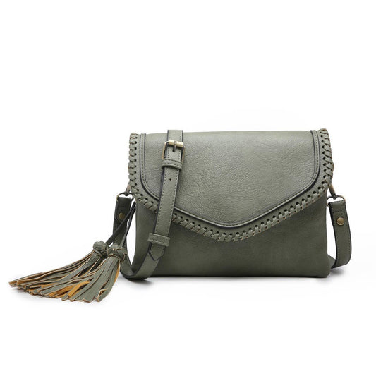 Sloane Flap-over Crossbody w/ Whipstitch and Tassel