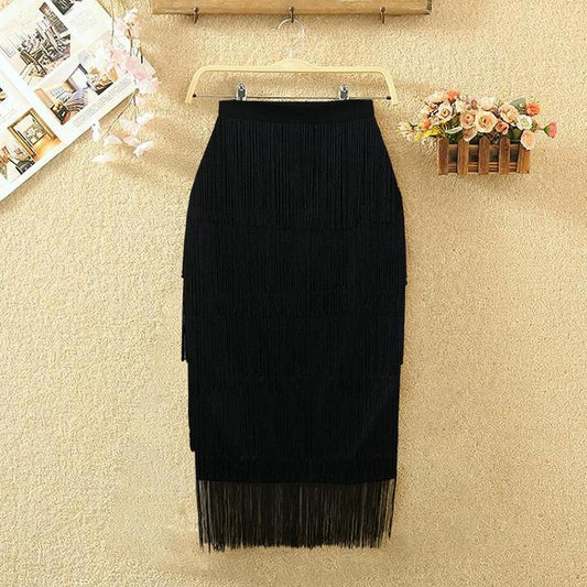 High-Waisted Solid Color Tassel Tiered Skirt